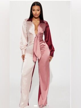 Fashion Nova Satin Colorblock Tie-Front Jumpsuit in Blush, Rose & Burgundy